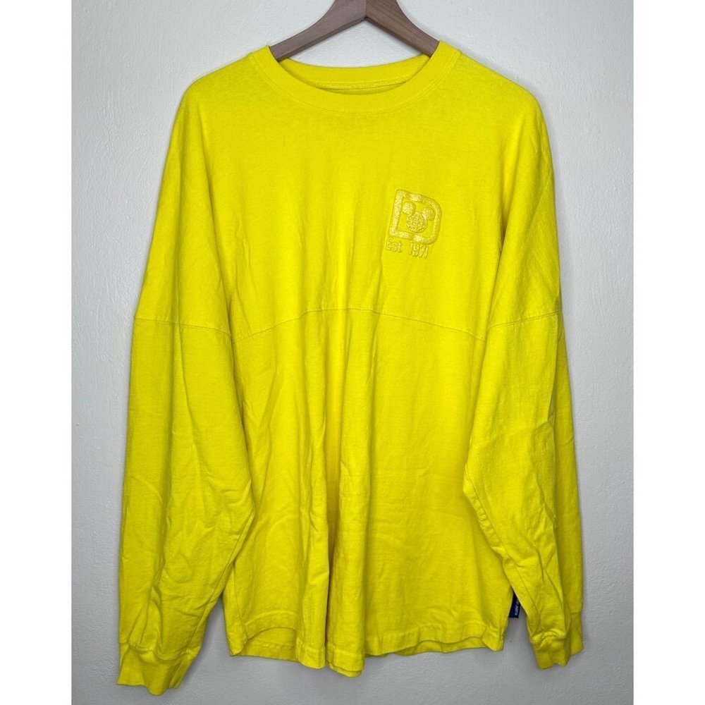 Disney Parks Neon Yellow Spellout Long Sleeve Logo Shirt Women Size XL Spirit